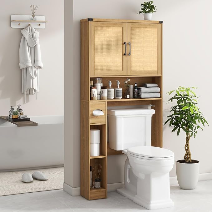 Over The Toilet Storage Cabinet, Farmhouse Rattan Storage Cabinet Over Toilet with 2 Rattan Barn Doors & Home Space-Saving Toilet Rack, for Bathroom, Restroom, Laundry