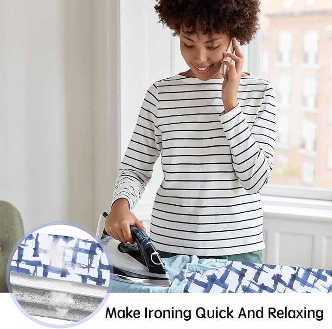 Ironing Board Cover and pad - 15 x 54 Thick Padding 4 Layers with 2" Elastic, Stain Resistant & Durable Scorch, 2 Click Buckles for Smooth Iron/Easy Installation in Laundry Room, Blue Brushstrokes
