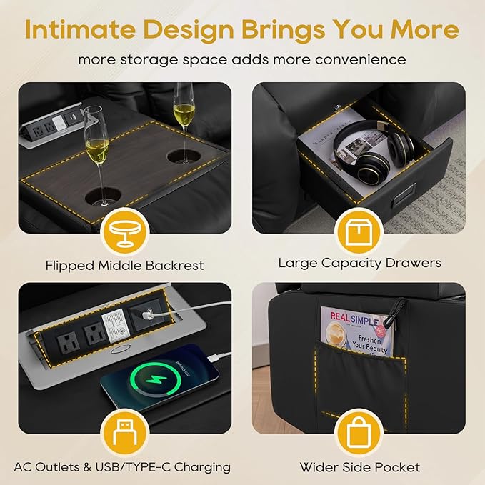 IPKIG 89" Power Reclining Loveseat Sofa, Electric Home Theater Seating with Console/4 Colors Ambient Lighting/Bluetooth Speakers/USB Ports/Built-in Outlets (Black, 3-Seater with Console)