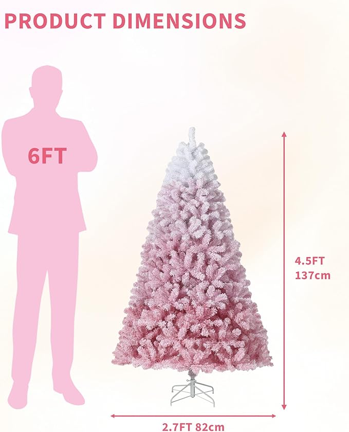 GarveeHome Pink Christmas Tree, 4.5ft Snow Flocked Artificial Christmas Tree with LED Warm White Lights & Metal Stand, Prelit Xmas Holiday Decoration for Home, Office, Party