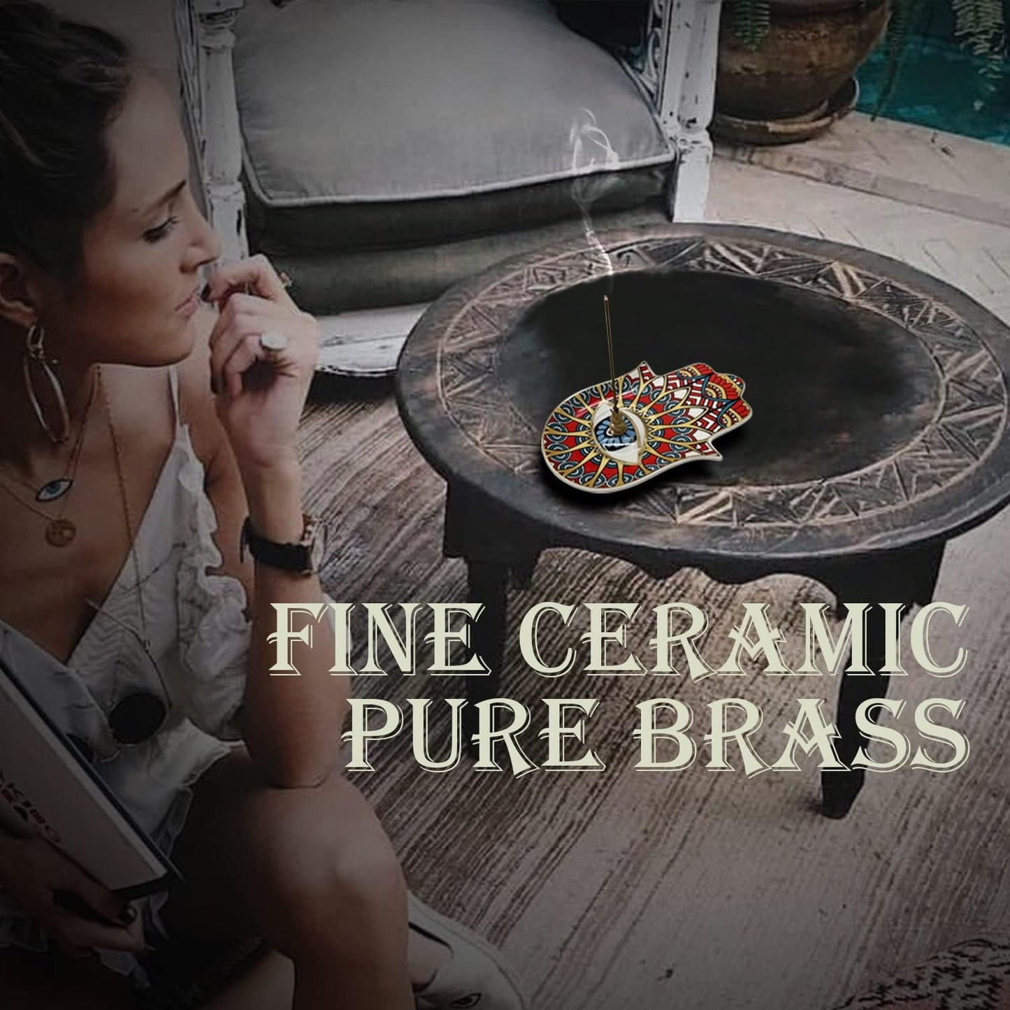 Ceramic Hamsa Hand Incense Holder - 2 in 1 Brass Incense Holder for Sticks and Coil Incense- Zen Decor with Hand of Fatima Design Protection from Evil - 6.2" L X 4.5" W (red)