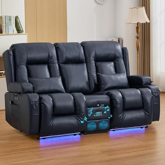 IPKIG 67" Power Reclining Loveseat Sofa, Electric Home Theater Seating with Console/4 Colors Ambient Lighting/Bluetooth Speakers/USB Ports/Built-in Outlets (Blue, Loveseat Recliner)