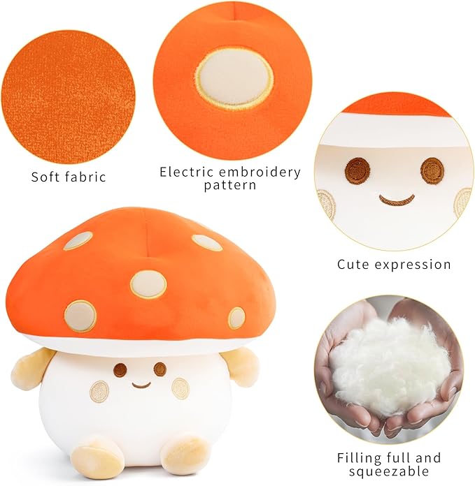 Mushroom Plush Toys 12 inch Cute Stuffed Mushroom Pillow Stuffed Toy Birthday Present Home Decor Halloween for Kids (Orange)