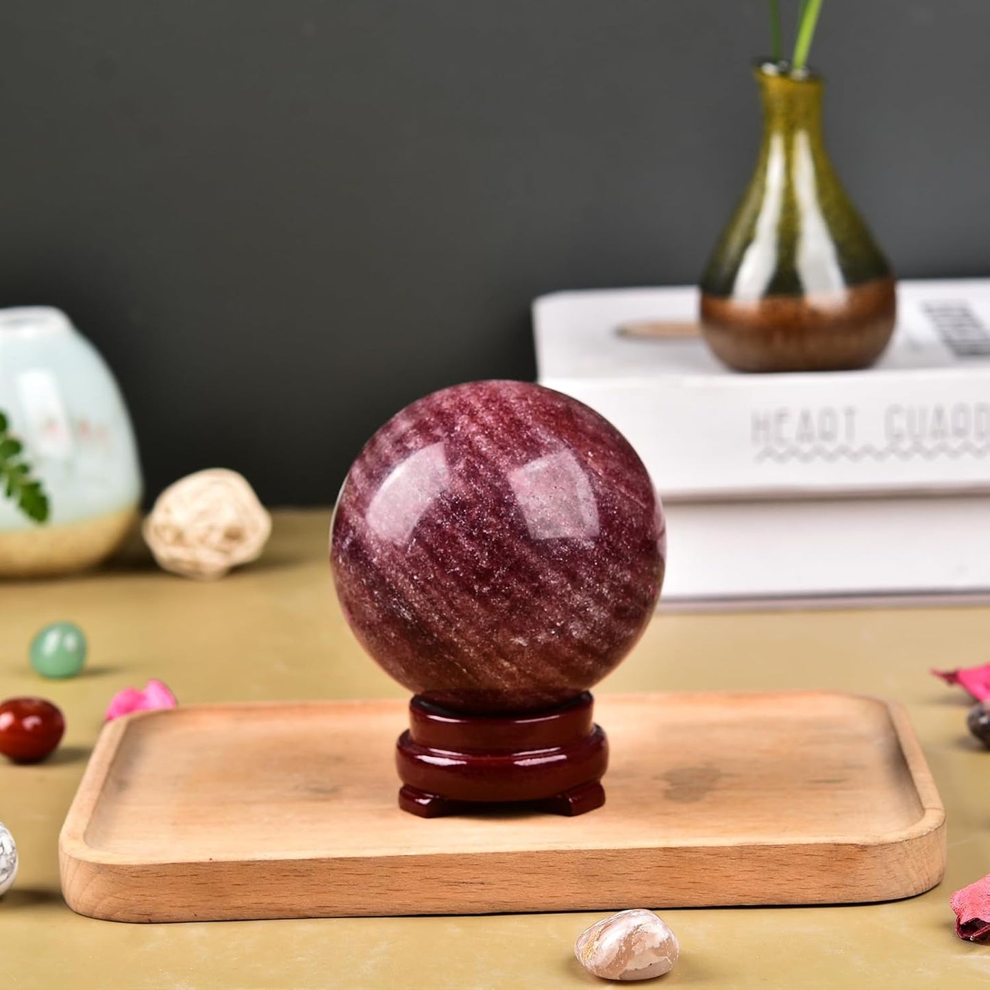 JIC Gem Large Healing Crystal Ball with Decoation Stand Red Strawberry Gemstone Sphere Ball for Meditation 、Energy、Reiki Ball (90-100mm)