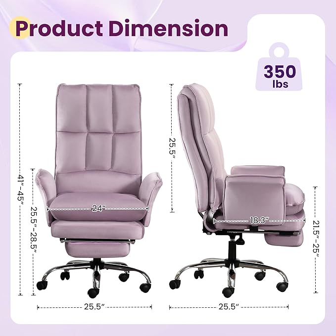 Office Chair, Modern Home Office Desk Chairs with Wheels and Retractable Footrest, Adjustable Backrest Velvet High Back Office Chair, Computer Chairs for Bedroom (Light Purple)