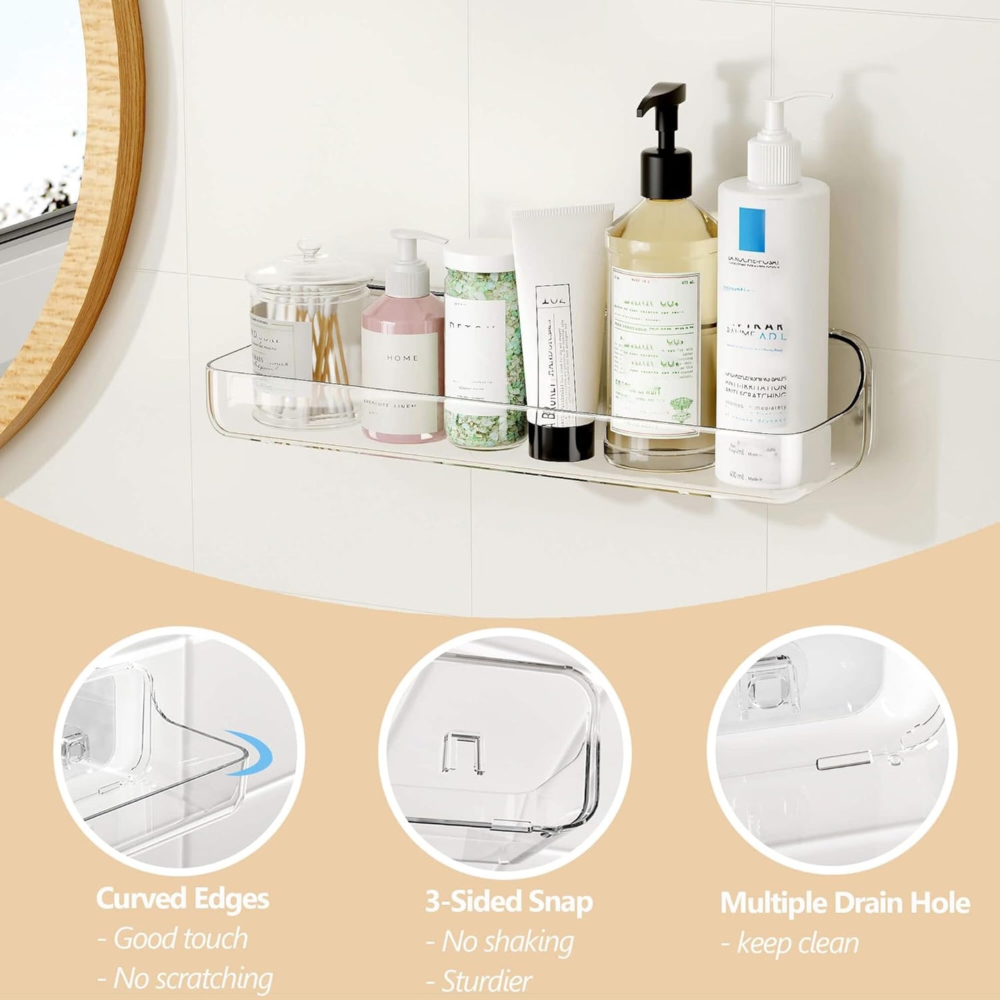 UDD Acrylic Shower Caddy Adhesive Shelf, Plastic Shower Organizer with Self Adhesive Tape, No Drilling Clear Wall Mount Shower Shelves for Bathroom Kitchen, Clear