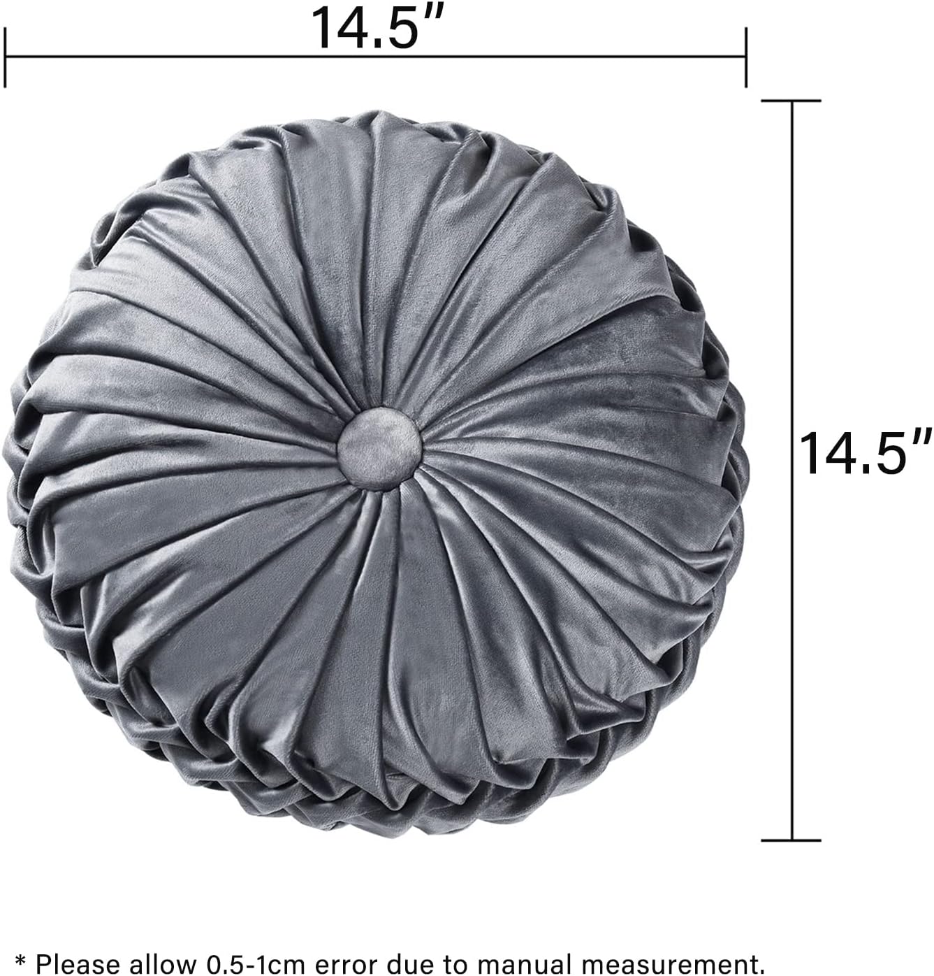 HIG Set of 2 Decorative Round Pleated Throw Pillows, Classy Accent Pumpkin Throw Pillows with Center Button, Vintage Velvet Floor Pillows for Sofa Vanity Chair Bed, Dark Gray, 14.5" Diameter(Ripple)