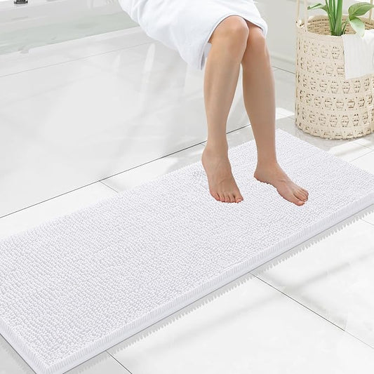 Smiry Luxury Chenille Bathroom Rugs 47x17, Extra Soft and Absorbent Shaggy Bath Mat, Machine Washable, Non-Slip Plush Carpet Runner for Tub, Shower, and Floor, Home Decor Accessories, White