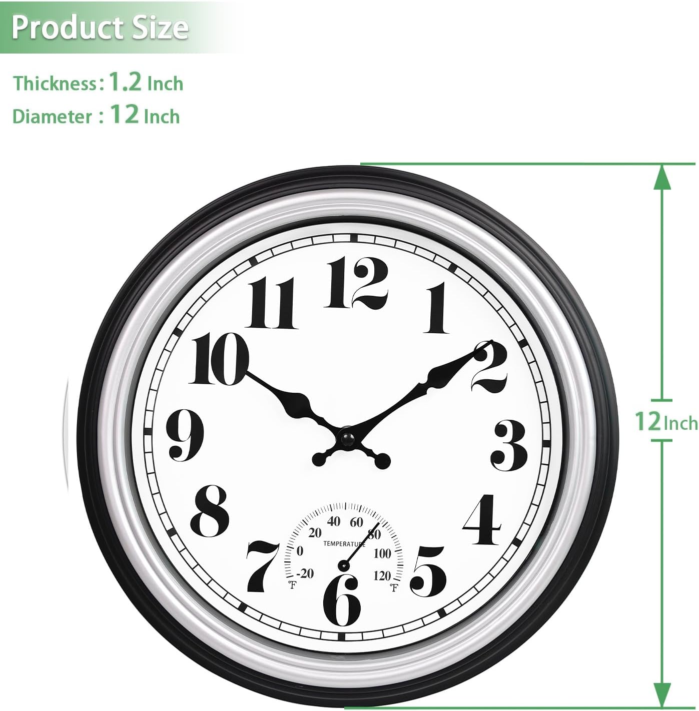 45MinST 12 Inch Indoor/Outdoor Retro Round Waterproof Wall Clock with Thermometer, Silent Non Ticking Battery Operated Quality Quartz Wall Clock Home/Patio Decor(Silver F)