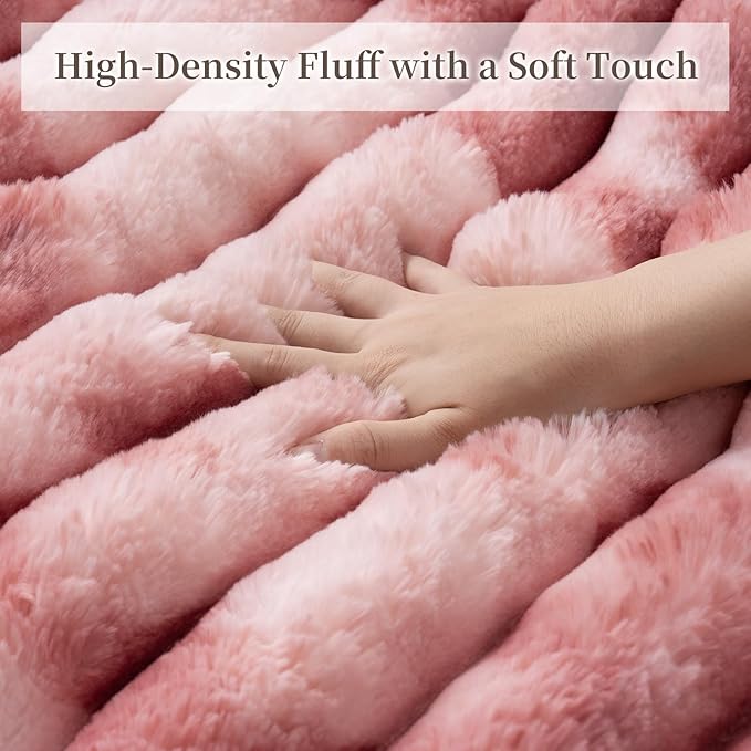 Throw Blanket for Couch - 60" x 80" Faux Rabbit Fur Throw Blanket Cozy Soft Warm Blankets for Bed Sofa Bedroom Living Room Fluffy Striped Blankets for Fall Winter, Home Decor, Pink