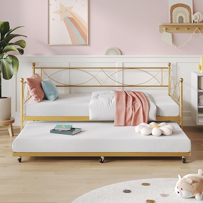 IDEALHOUSE Twin daybed with Trundle, Metal Twin Daybed and Trundle Set, Day Bed Sofa Bed Frame with Steel Slat Support, Multifunctional Daybed Frame for Bedroom (Gold Sets)