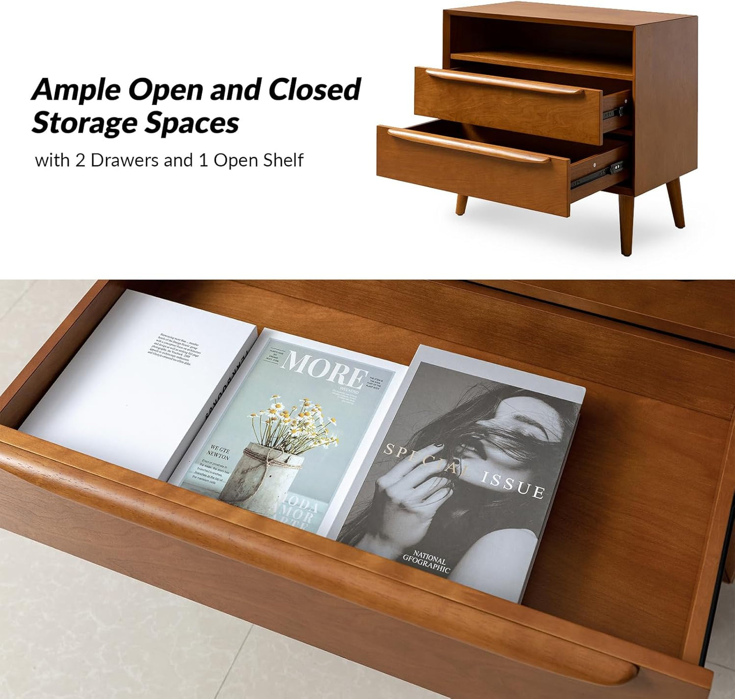 HULALA HOME Nightstand with Charging Station, Mid-Century Modern 2 Drawer and Open Shelf Dresser for Bedroom, Fluted Bedside Table, Acorn