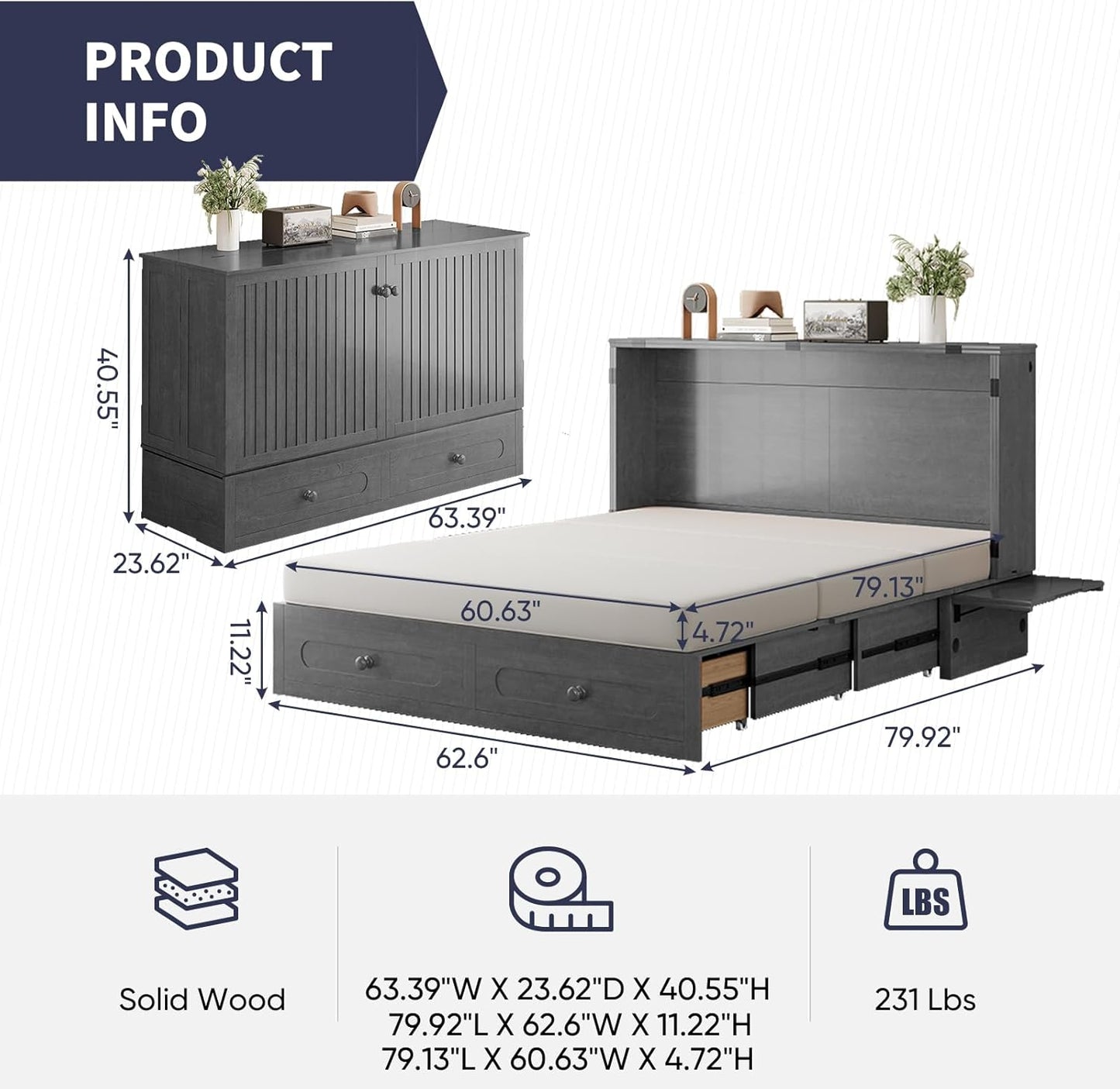 ijuicy Murphy Bed Queen Size with Foam Mattress, Side Storage Board, Cabinet Bed with Charging Station Large Storage Drawer for Space-Saving Room, Foldable Hideaway Bed Queen-Grey