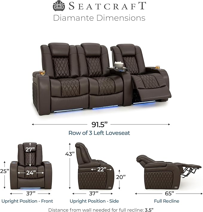 Seatcraft Diamante Zero-Gravity CoolZero Italian Leather Home Theater Seating, Power Headrest, Power Recline, Row of 3 Left Loveseat, Brown