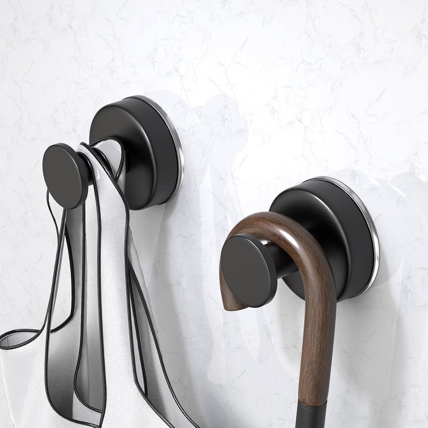 Suction Cup Hooks for Shower, Towel Hooks for Hanging Towels, Robes, Bath Balls, Stainless Steel Shower Hooks for Bathroom Wall, Glass Door, Kitchen, Mirror, Tile (2 Pack，Black)