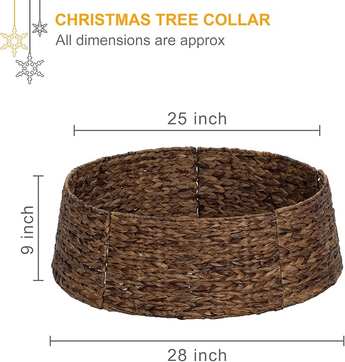 SUNNYPARK Christmas Tree Collar, 28’’ Hand-Woven Natural Water Hyacinth Christmas Tree Collar Basket Base Cover - Chestnut Brown