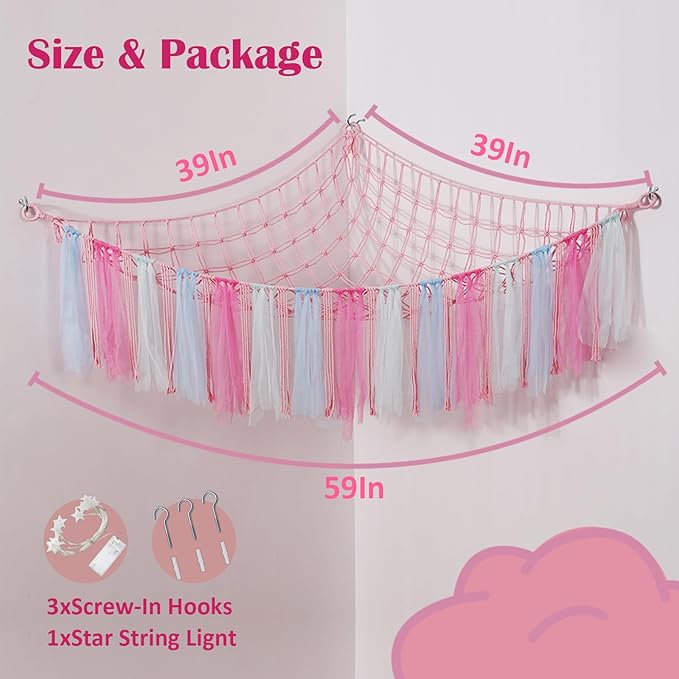 Stuffed Animal Toys Hammock with LED Light, Stuffed Doll Hanging Corner Holder for Home Storage, Large Hanging Net -Display Teddies for Bedroom, Pink Decor Organizer