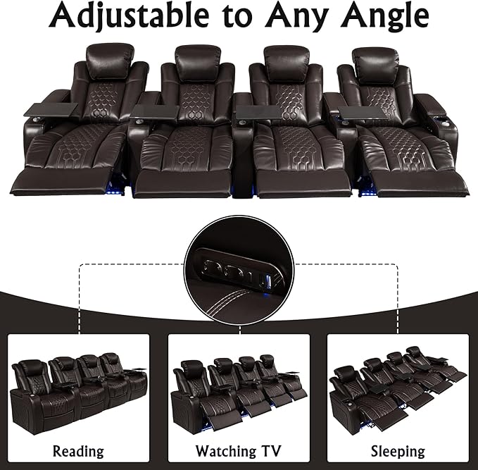 Home Theater Seating, Living Room, Heat & Massage, Powered Headrest, Powered Lumbar, Italian Leather, Powered Recline, Single Recliner (Coffee Color, Row of 4)