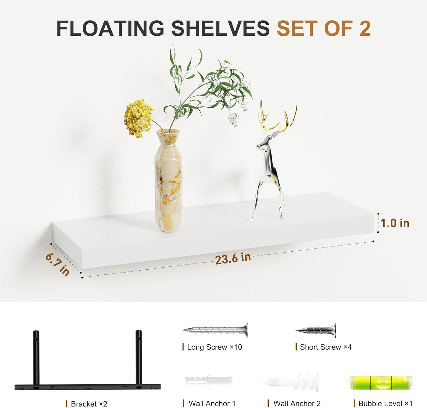 Bellsal Floating Shelves - White Engineered Wood Wall Shelf Set of 2, 24" Wall Mounted Floating Shelf for Kitchen, Living Room, Bedroom, Bathroom Storage, Book Shelf for Home Decor