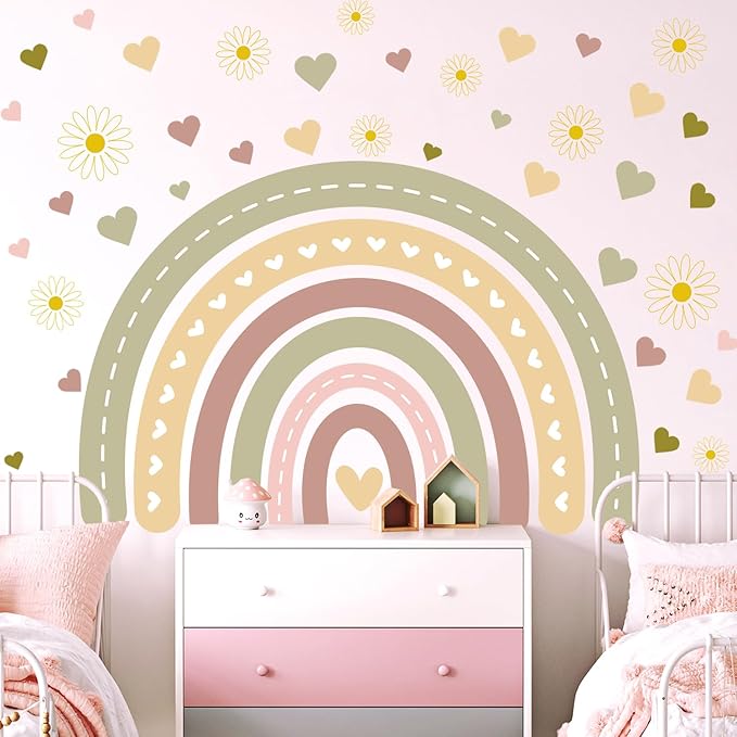 Large Boho Rainbow Wall Decals, Hearts Flowers Peel and Stick Fabric Nursery Wall Decor, Removable Home Room Wall Decor Murals Stickers for Kids Girls Toddler Bedroom Living Room Playroom