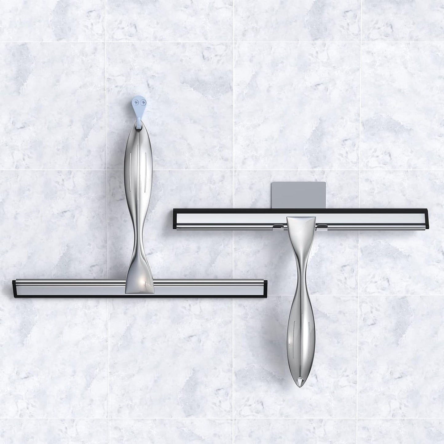 14-Inches Stainless Steel Shower Squeegee Set, Include Shower Door Hook, Adhesive Hook and Spare Silicone Blade, Window Squeegee for Shower Glass Door, Bathroom, Mirror, Window and Car Glass