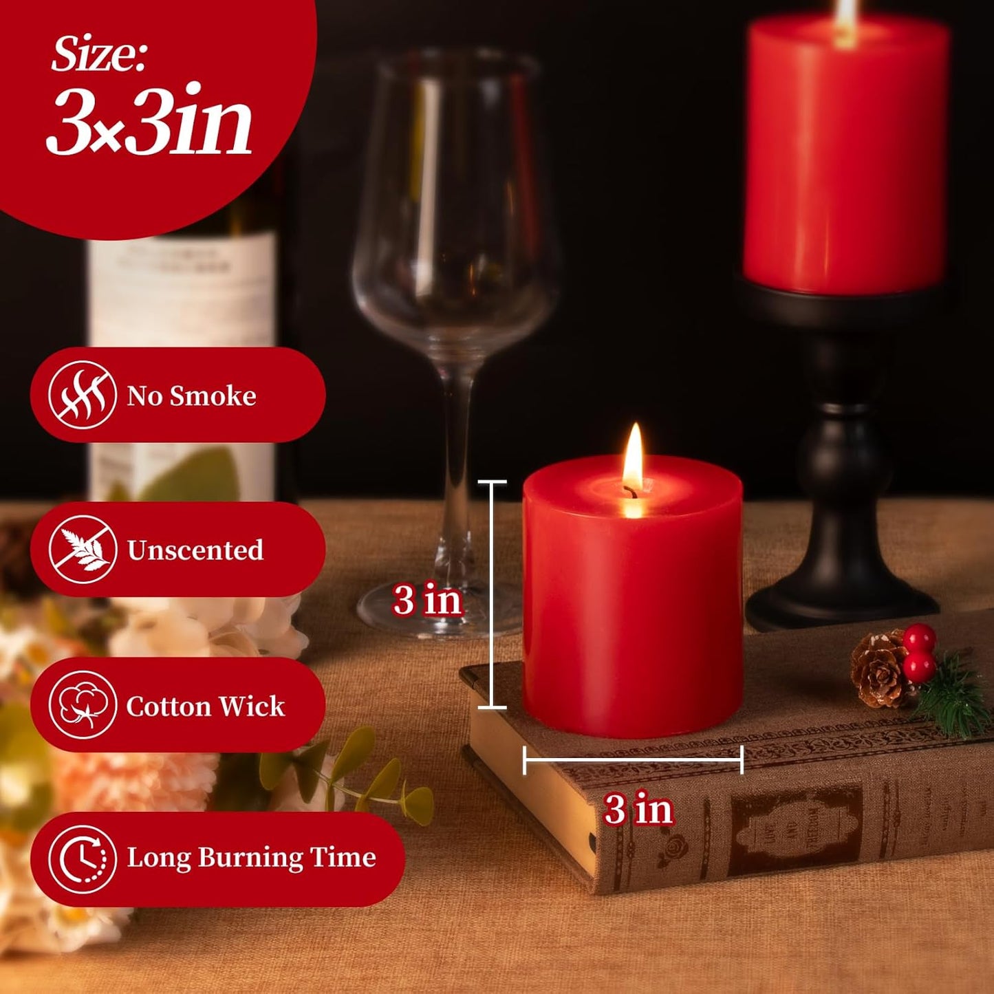 KONNI Red Pillar Candles Set of 3, 3"x 3" Unscented Pillar Candles Bulk, 30 Hours Long Burning Candles, Smokeless and Dripless Large Round Candle for Wedding, Home Decoration, Parties, Spas, Dinner