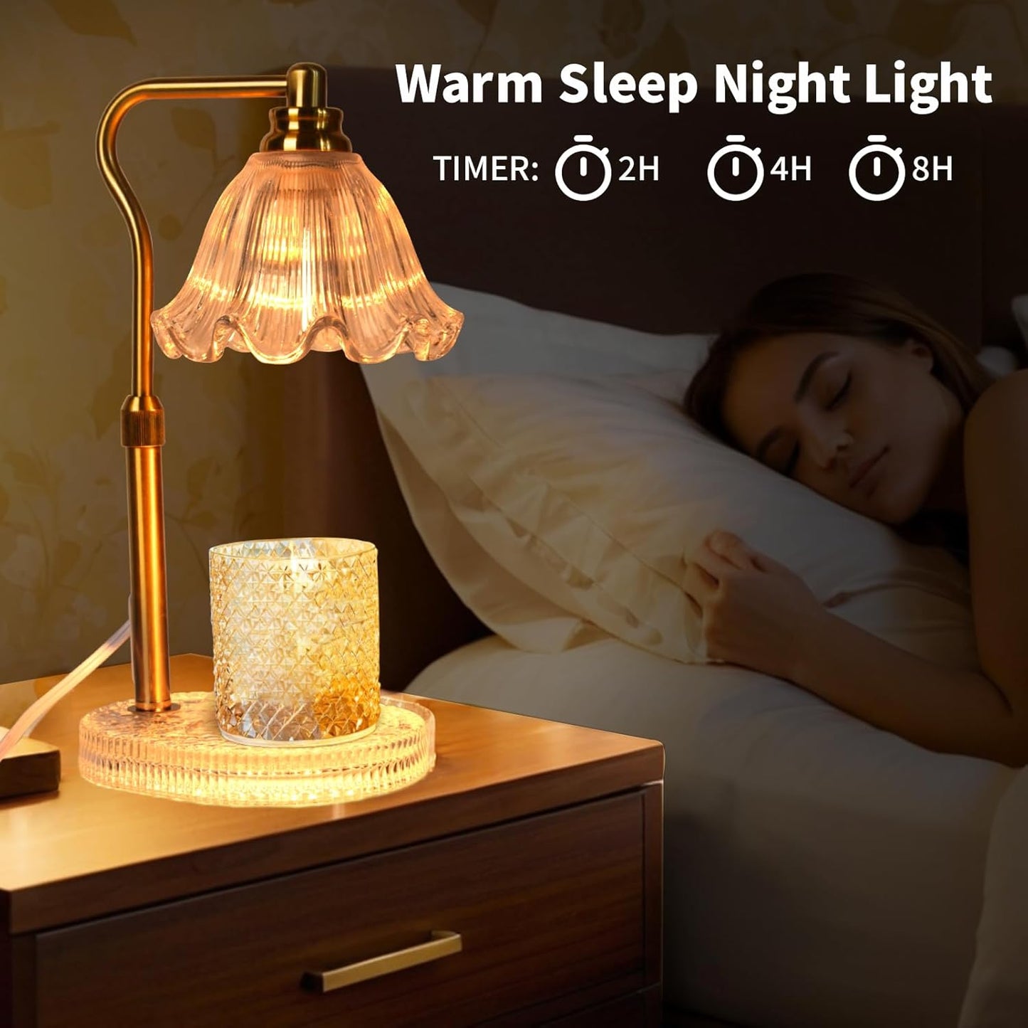 Candle Warmer Lamp with Timer: Adjustable Height and 4 Dimmer, Crystal Glass Base, Heater Wax Warmer for Jar Scented, Home Décor and Housewarming & Birthday Gift for Mom Woman, 2 Bulbs (White Flower)