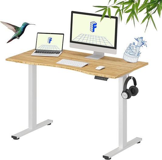 FLEXISPOT EN1 Bamboo Standing Desk, 48 x 24 Inches Whole-Piece Electric Adjustable Height Desk Sit Stand Desk, Home Office Table Stand up Desk (White Frame + Bamboo Curved Desktop, 2 Packages)