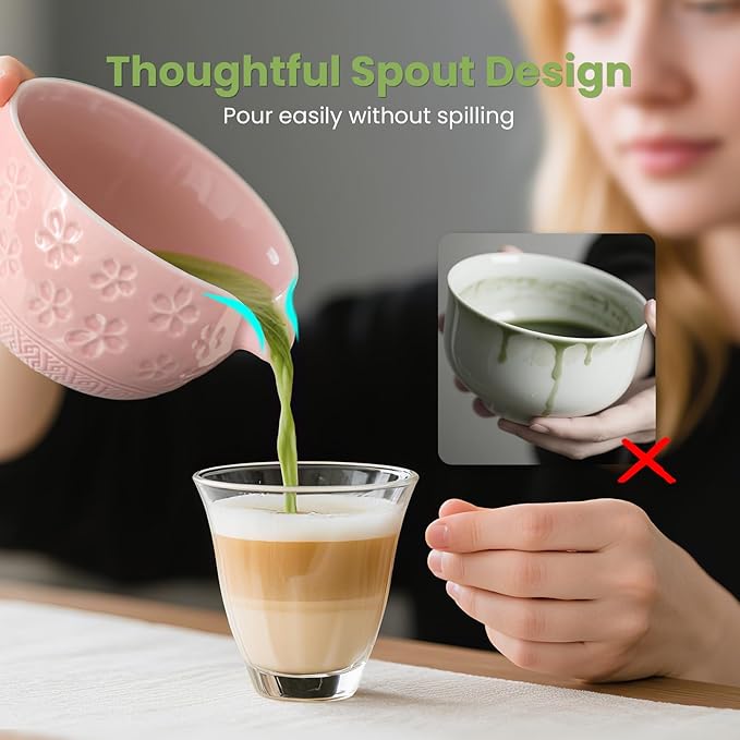 Matcha Whisk Set, Pink Matcha Set (9 Pcs) Includes Matcha Bowl, Whisk & Holder, Scoop, Sifter, Spoon, Scoop Rest, Tea Mat, Hand Book - Ideal Ceramic Matcha Kit for Matcha Lovers