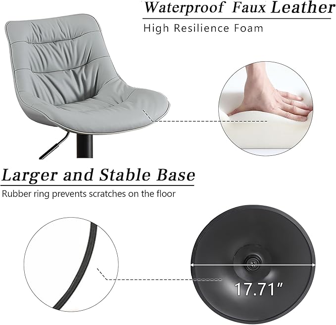 Kidol & Shellder Bar Stools Set of 2 Adjustable Swivel Gray, PU Leather Upholstered with Back, Modern Counter Height Stools for Kitchen Island, Home Bar