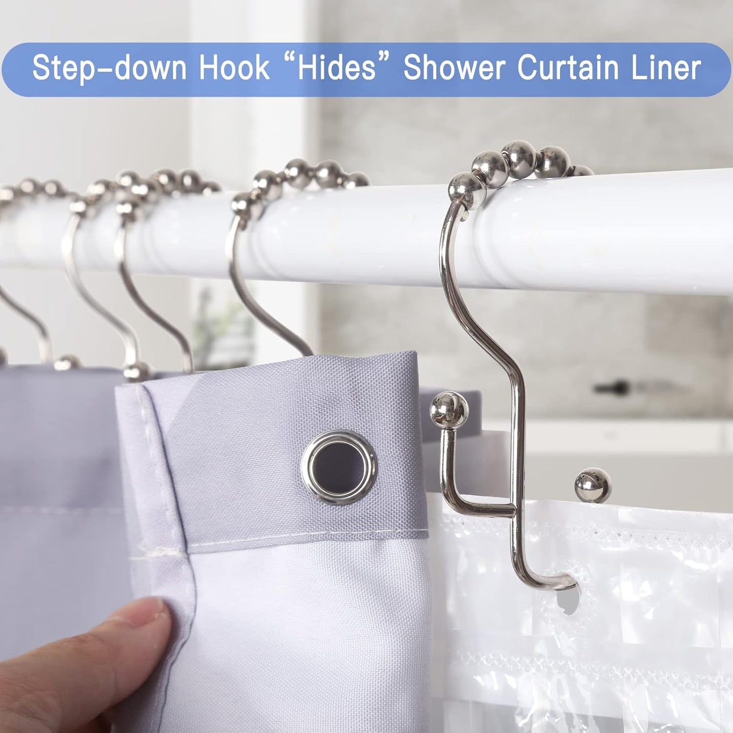 Shower Curtain Hooks, 12 Pcs Double Shower Curtain Hooks Rings, Black Shower Curtain Hooks Rust Proof, Stainless Steel Bathroom Shower Hooks for Shower Curtain, Towels, Clothing, Nickel