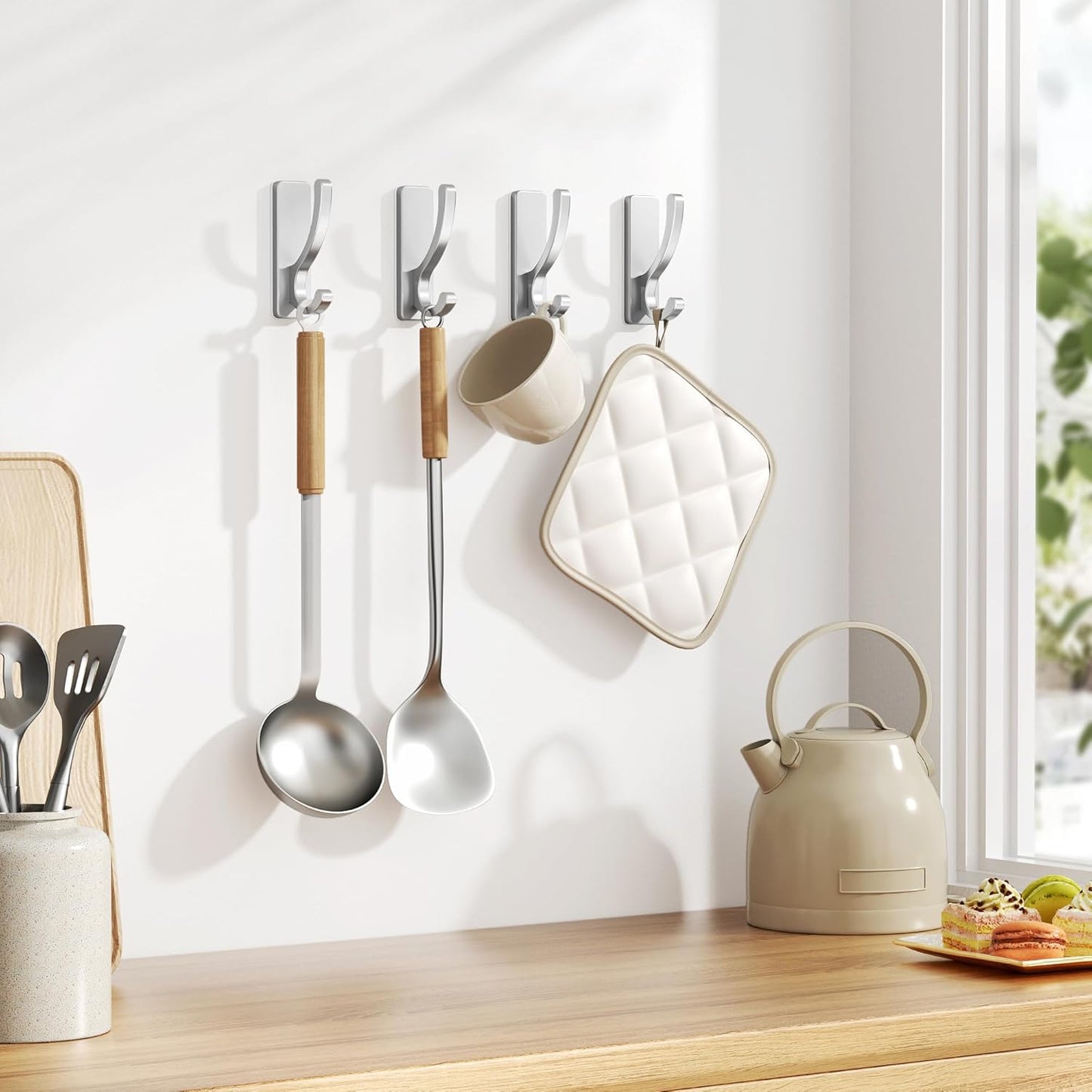 Adhesive Wall Hooks for Towels Coats - Stick On Hooks Hanging Heavy Duty (13lb), Metal Hook for Door, Bathroom, Dorm, Closet - Hanger for Purse, Bag, Robe,Backpack - No Damage to Wall - Silver 4 Pack