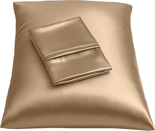 Satin Pillowcase with Zipper, for Hair and Skin Care, Feels Soft and Cool Like a Silk Pillowcase, Beige Satin Pillow Cases 2 Pack, Slik Pillow Cover, Queen Size, Set of 2