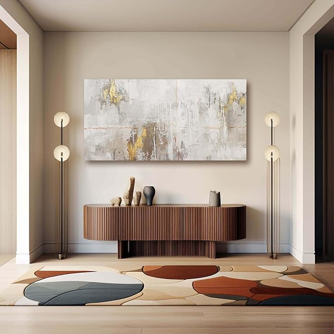 VAYIMDH Minimalist Wall Decor White with Gold Canvas Wall Art Grunge Posters Modern Abstract Paintings for Living Room Bedroom Dining Room 29"x 58"