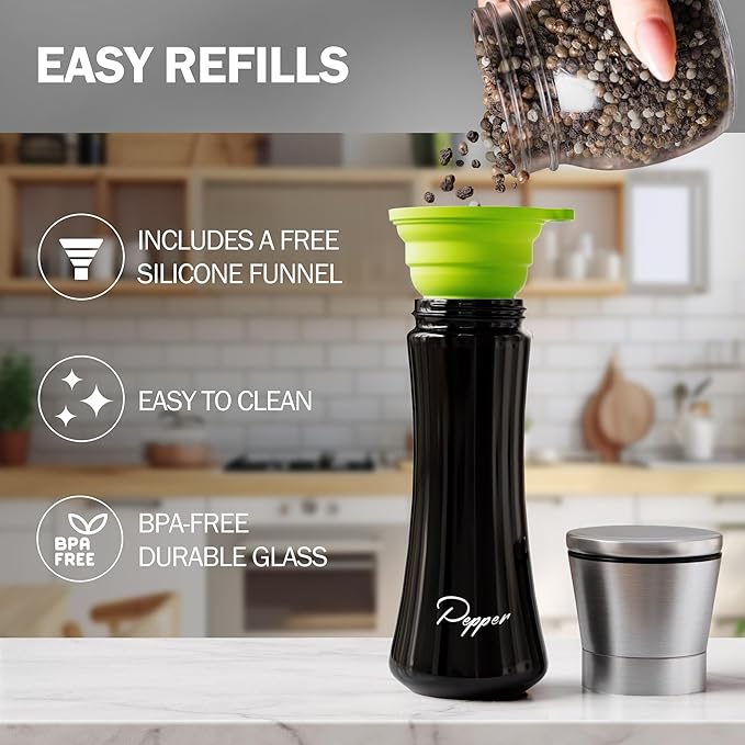 HOME EC Stainless Steel Salt and Pepper Grinder Set of 2 - Adjustable Ceramic Sea Salt Grinder & Pepper Grinder - Glass Salt and Pepper Shakers - Pepper Mill & Salt Mill W/Funnel - Black and White