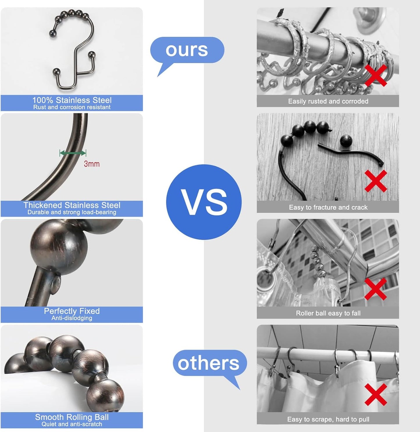 Shower Curtain Rings & Hooks, Rust-Resistant Stainless Steel, Easy Sliding Double Hooks for Curtains & Liners, 12pcs-Bronze