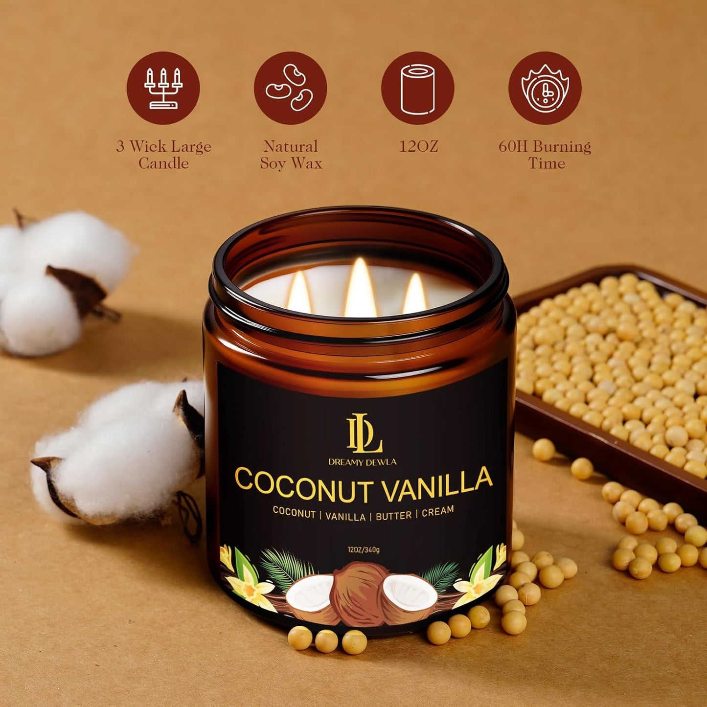 Coconut Vanilla Scented Candle, 12oz 60 Hour Long Lasting Candles, Large 3 Wick Natural Soy Candles for Home Scented, Candle Gifts for Women Men