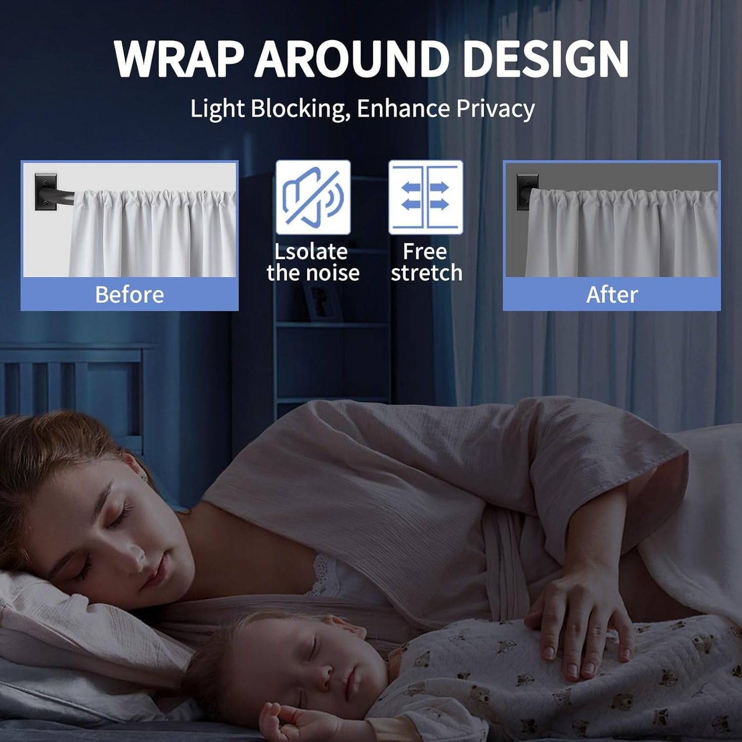 Black Curtain Rods, Room Darkening Curtain Rod for Windows 48 to 90 Inches(4-7.5Ft), Wrap Around Curtain Rods, Heavy Duty Blackout Drapery Rod,Modern Decorative Window Treatment Rod, Matte Black