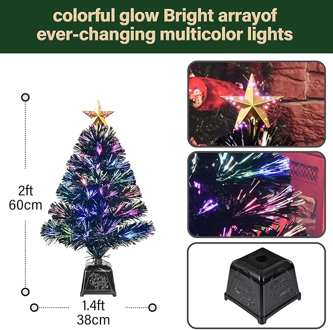 24inch Black Fiber Optic Christmas Tree,Pre-Lit Artificial Mini Christmas Tree, Tabletop Small Xmas Tree with Stars Holiday Home Decorations