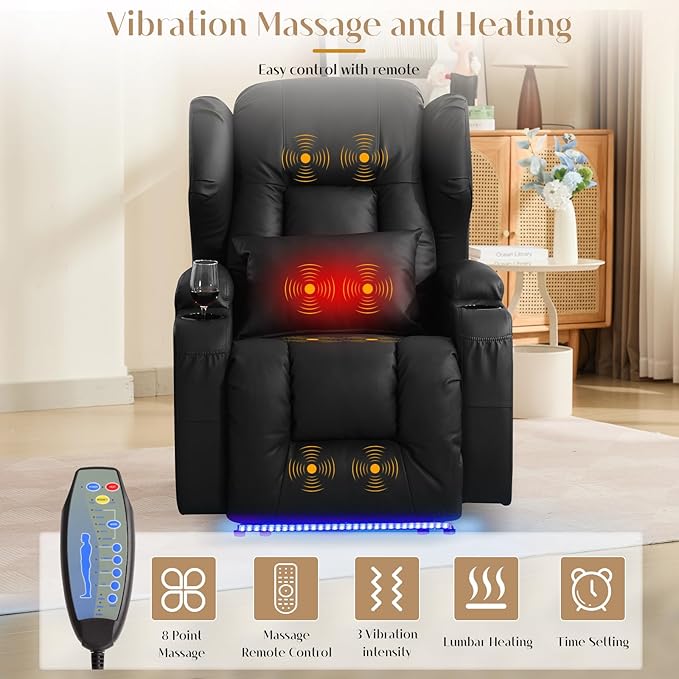 Wall Hugger Power Recliner Chair, Home Theater Seating Electric Recliing Sofa with Massage & Heat, Cup Holder, USB Port, LED Ambient Light, Storage for Living Room (Black, Chair + Console)