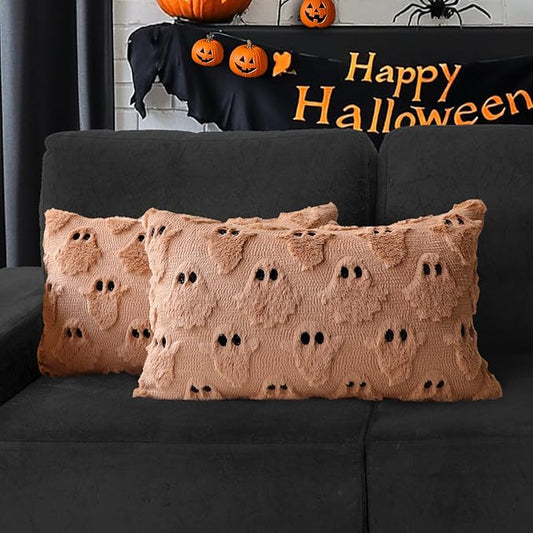 4TH Emotion Halloween Ghost Decorative Lumbar Pillow Covers 12x20 Set of 2, Light Brown Soft Plush Faux Fur Farmhouse Throw Cushion Cases for Fall Autumn Holiday Home Decorations