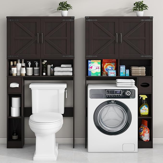 Over The Toilet Storage Cabinet, Farmhouse Storage Cabinet Over Toilet with Barn Doors & Toilet Paper Holder Stand，Home Space-Saving Toilet Rack, for Laundry, Bathroom, Restroom(Espresso).