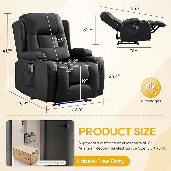 IPKIG Power Recliner Chair, Electric Home Theater Seating with 4 Colors Ambient Lighting/USB Ports/Cup Holders/Side Pockets for Living Room, Bedroom, Home, RVs (Black, Single Chair)