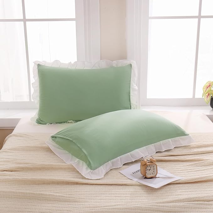 Merryword Green Pillow Shams Green and White Reversible King Pillowcases Cute Pillow Cover Set of 2 Soft Shabby Chic Ruffled Pillowcases 2 Pack (King (20''x36''), Green White)