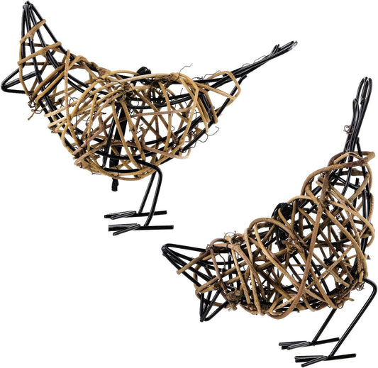 Natural Rattan Bird Sculptures Set of 2 - Handwoven Metal Wire Table Decor, Rustic Farmhouse Accent with Memo Clip & Christmas Ornament (6x5.5x2.3in)