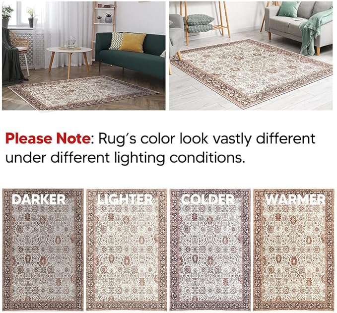Keen Home Design 6x9 Rug - Machine Washable Area Rug with Non-Slip Backing, Ideal for Living Room, Dining Room, Bedroom - Vintage, Easy Clean, Durable, Low Pile - (6' x 9')