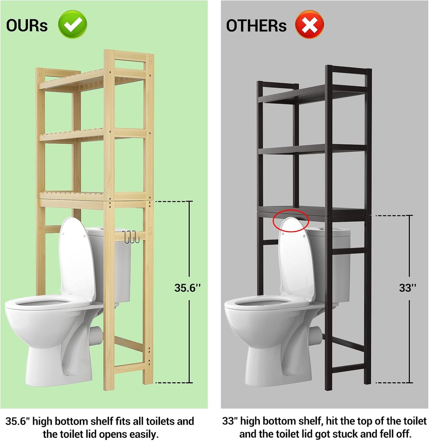Homykic Over The Toilet Storage, 3-Tier Bamboo Bathroom Shelf with 3 Hooks, Above Toilet Organizer Rack Freestanding for Small Space, Restroom, Laundry, Easy Assembly, Natural