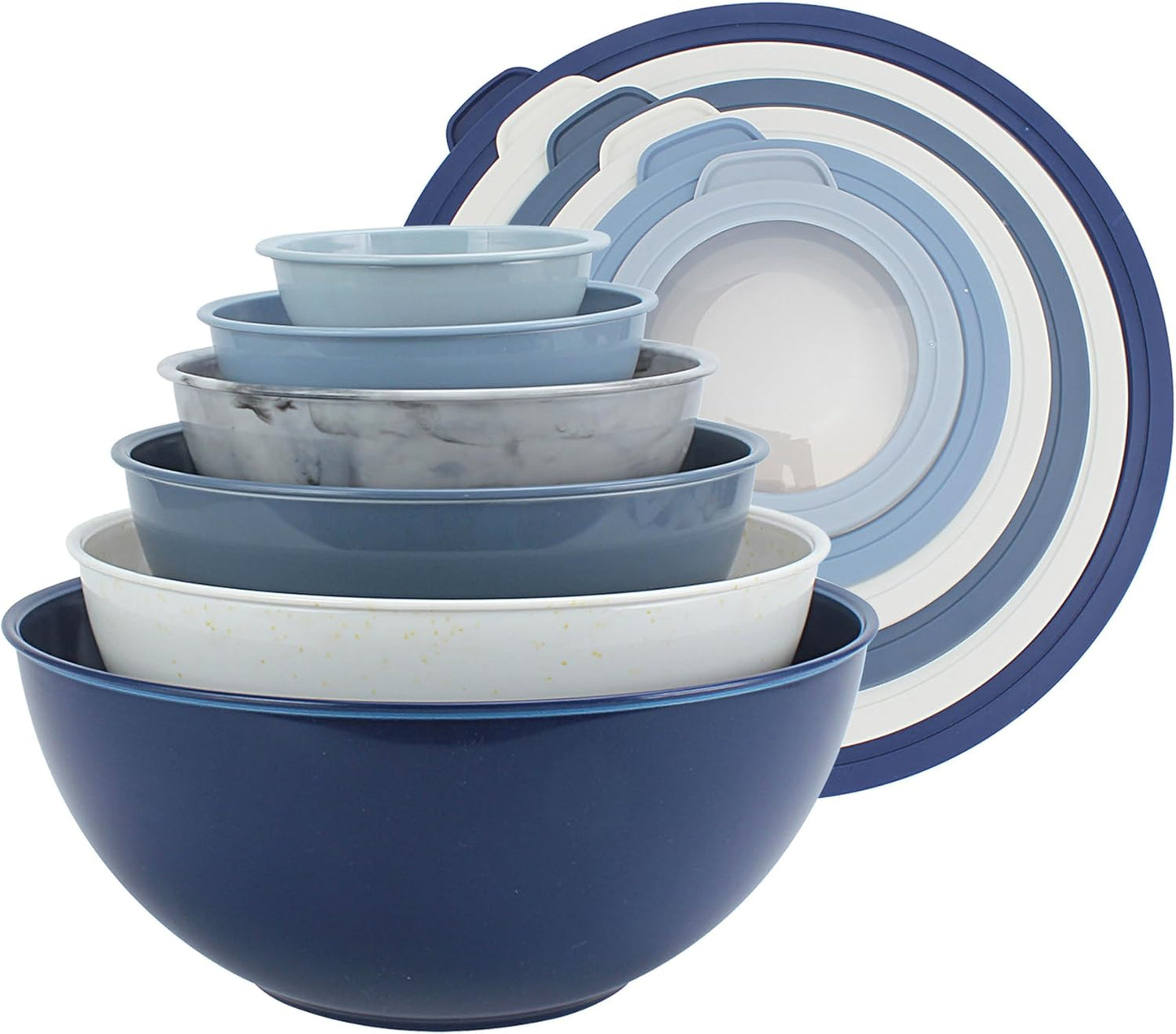 COOK WITH COLOR Mixing Bowls with TPR Lids - 12 Piece Plastic Nesting Bowls Set includes 6 Prep Bowls and 6 Lids, Microwave Safe Mixing Bowl Set (Blue and White)