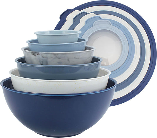 COOK WITH COLOR Mixing Bowls with TPR Lids - 12 Piece Plastic Nesting Bowls Set includes 6 Prep Bowls and 6 Lids, Microwave Safe Mixing Bowl Set (Blue and White)