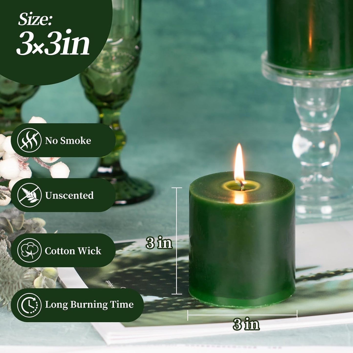 KONNI Navy Green Pillar Candles Set of 3, 3"x 3" Unscented Pillar Candles Bulk, 30 Hours Long Burning Candles, Smokeless&Dripless Large Round Candle for Wedding, Home Decoration, Parties, Spas, Dinner